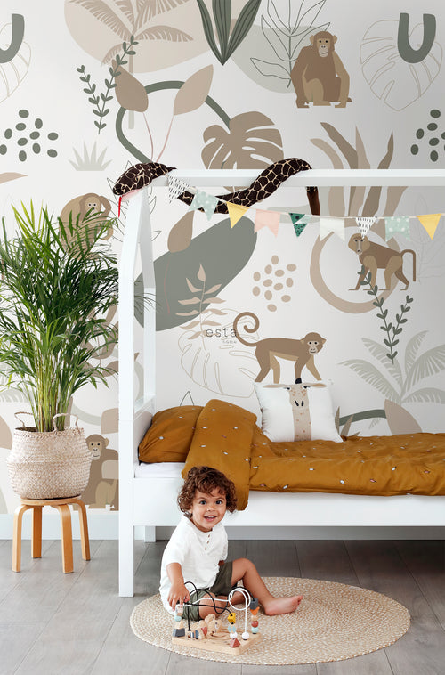 ESTAhome fotobehang jungle apen beige en groen - 200 x 279 cm - 159244 - vtwonen shop