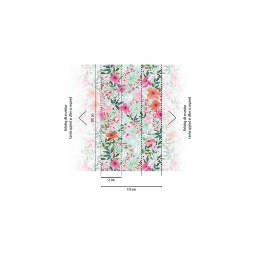 Livingwalls behang bloemen meerkleurig, turquoise, groen, roze en oranje - 159 x 280 cm - AS-391951