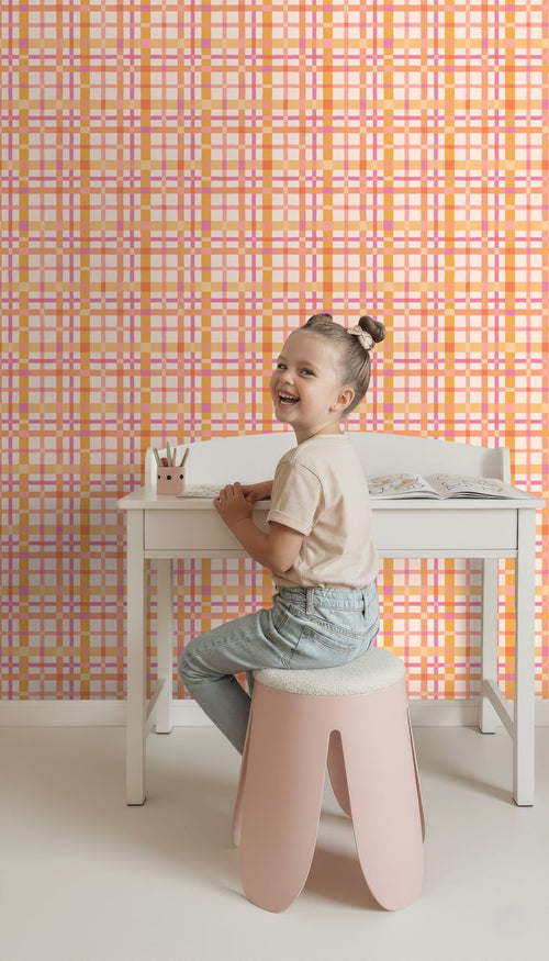 ESTAhome behang ruitjes paars en oranje - 50 x 900 cm - 132049