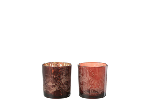 J-Line windlicht Bloemen - glas - bordeaux - small - 2 stuks