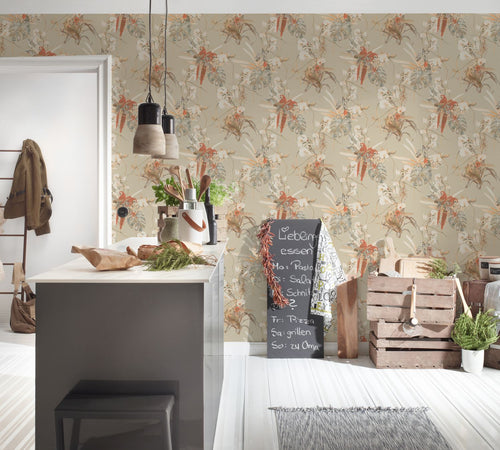 Livingwalls behang vogel oranje, beige en wit - 53 cm x 10.05 m - AS-387252