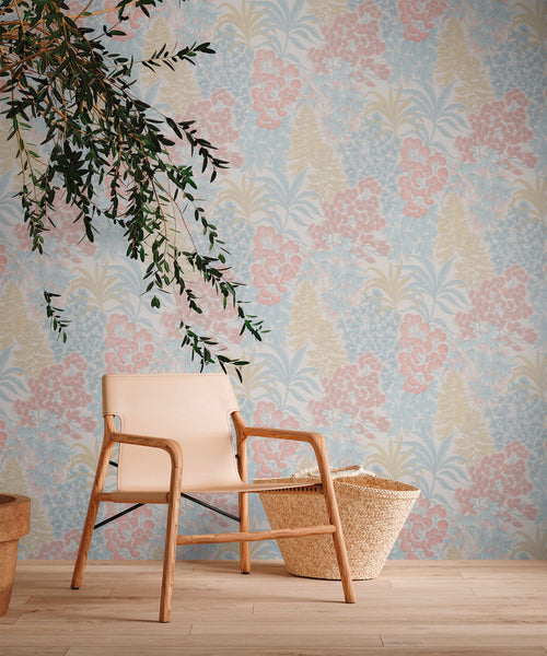 Livingwalls behang bloemen wit, blauw, geel, roze en zilver - 53 cm x 10.05 m - AS-391281 - vtwonen shop