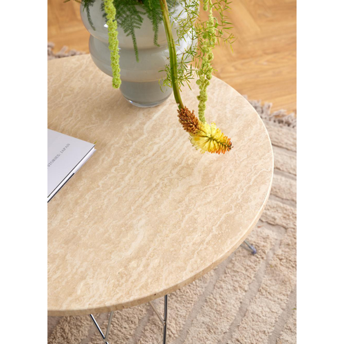 Rebellenclub Salontafel Broome - ø80 - Travertin Look Met Chrome Poten