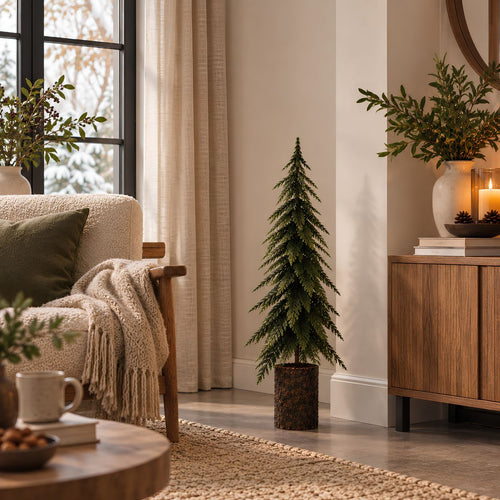 Mica Decorations Decoratieve Kerstboom Groen - Sfeervolle Kerstversiering met Fijne Takken - Kunstboom voor Woonkamer en Hal - Slank Ontwerp - H95 x