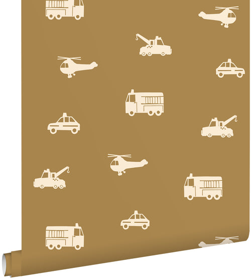 ESTAhome behang auto's, brandweerauto's, helikopters en kranen okergeel - 50 x 900 cm - 131452