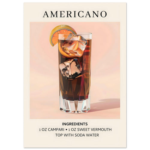 Artfulprints Poster Americano cocktail - Ingrediënten   - A4 21x29.7 cm - Roze
