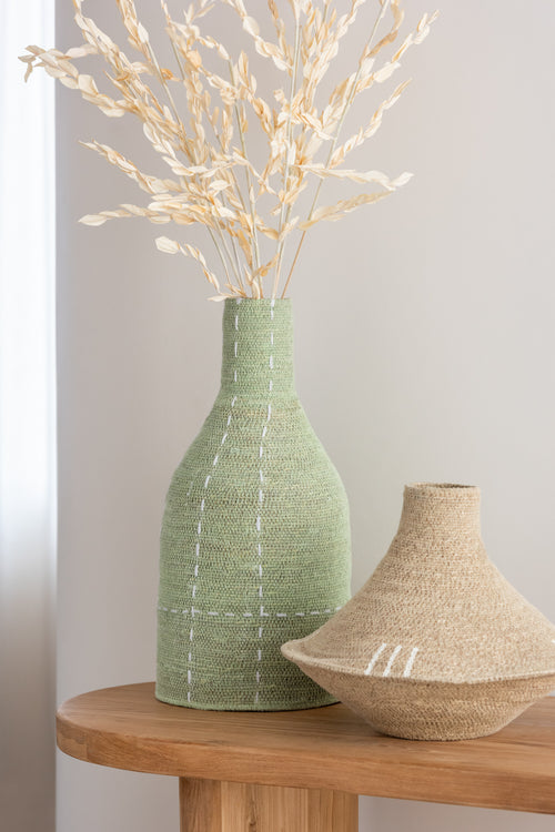 J-Line vaas Flesvorm Stippellijnen - zeegras - groen/wit - 50 cm hoog