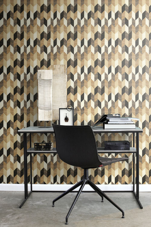 Origin Wallcoverings XXL behang grasweefsel in grafisch 3D motief zwart, beige en crème - 50 x 900 cm - 357214