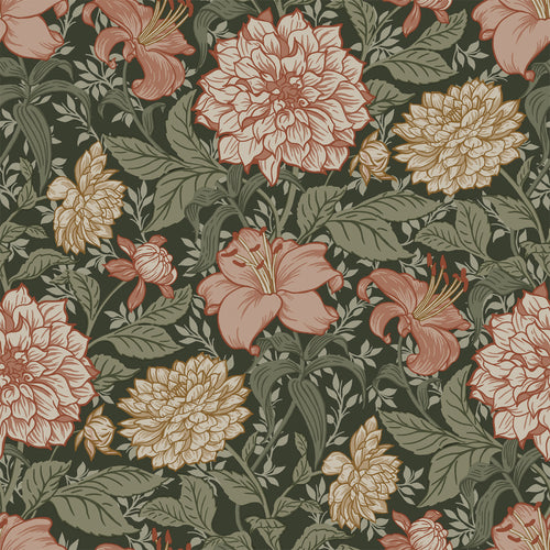ESTAhome behang vintage bloemen vergrijsd groen en terracotta roze - 53 cm x 10.05 m - 139381
