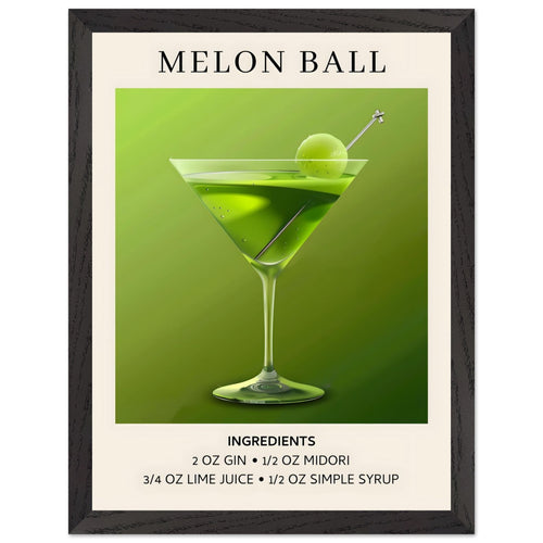 Artfulprints Poster met Lijst Melon Ball cocktail - Ingrediënten   - 30x40 cm - Groen