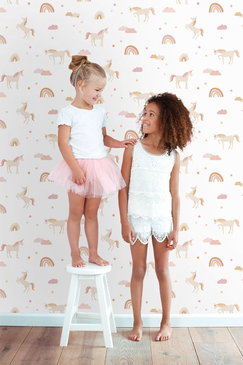 ESTAhome behang unicorns wit, zacht roze en okergeel - 53 cm x 10.05 m - 139581