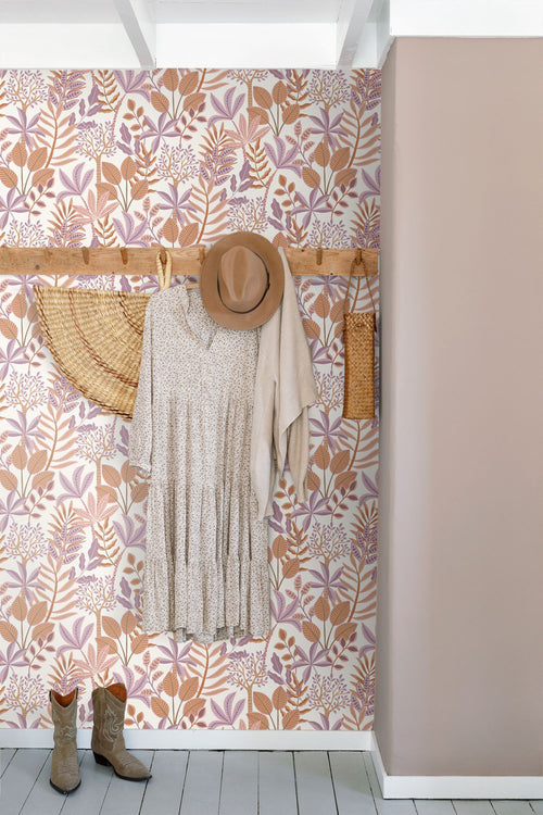 ESTAhome behang bladeren lila paars en oranje - 50 x 900 cm - 131492 - vtwonen shop