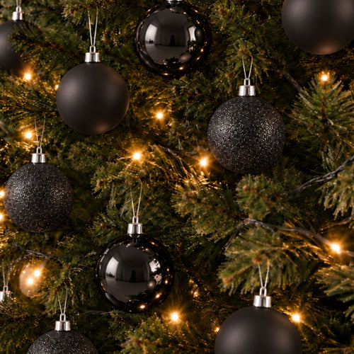 Mica Decorations Kerstballenset Zwart 46 Stuks - Onbreekbare Kerstballen met Diameter 4, 6 en 8 cm - Mix van Mat, Glans en Glitter -