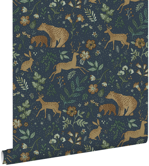 ESTAhome behang bos met bosdieren donkerblauw en beige - 53 cm x 10.05 m - 139588