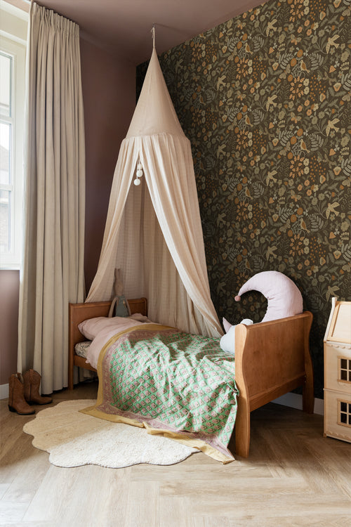 ESTAhome behang bloemen en vogels vergrijsd groen, bruin en okergeel - 50 x 900 cm - 131466 - vtwonen shop