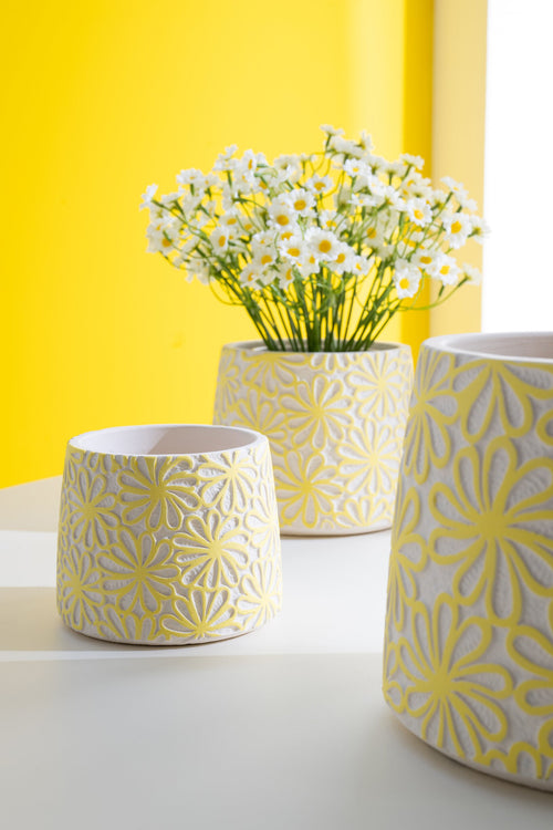 J-Line bloempot Rond Bloemen - cement - geel - small