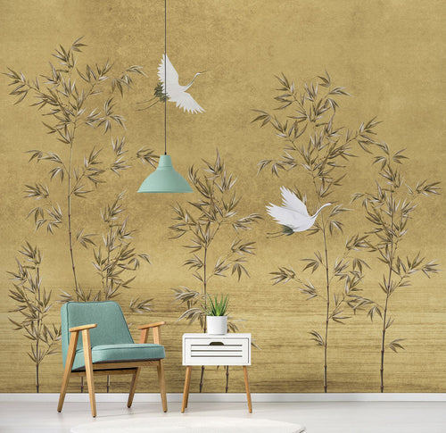 Sanders & Sanders fotobehang kraanvogels okergeel - 318 x 280 cm - 640804