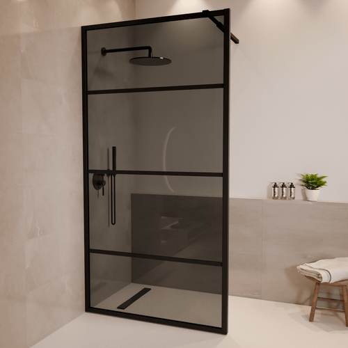 LOMAZOO douchewand Tacna - inloopdouche - anti kalk nano coating - gerookt glas met strepen - 8 mm - zwart - 100 x 200 cm
