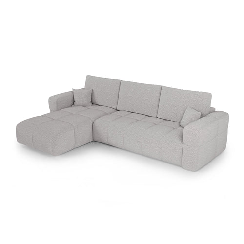 Premium Interiors - Linkshoekbank met slaapfunctie en opbergruimte VIBE - bouclé-stof lichtgrijs 286cm