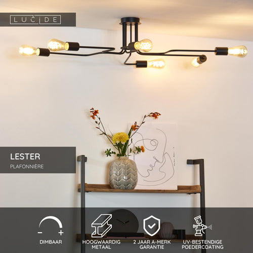 Lucide plafonnière LESTER - 6xE27 - Zwart