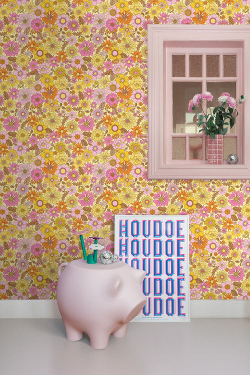 ESTAhome behang retro bloemen geel, roze en oranje - 50 x 900 cm - 131811