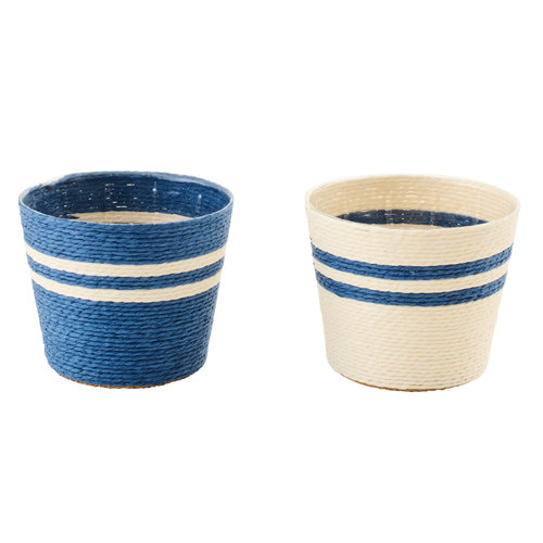 J-Line bloempot Gestreept - papier - wit/blauw - extra small - set van 2