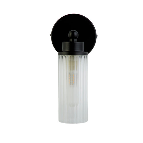 Searchlight Imperial 1-lichts wandlamp, matzwart metaal en helder geribbeld glas