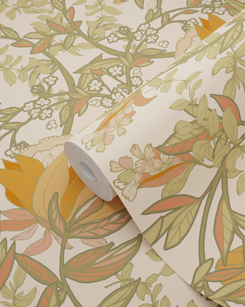 ESTAhome behang vintage bloemen in art nouveau stijl groen, oranje en beige - 50 x 900 cm - 131697