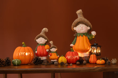 J-Line decoratie Pompoen - keramiek - oranje - small - 2 stuks