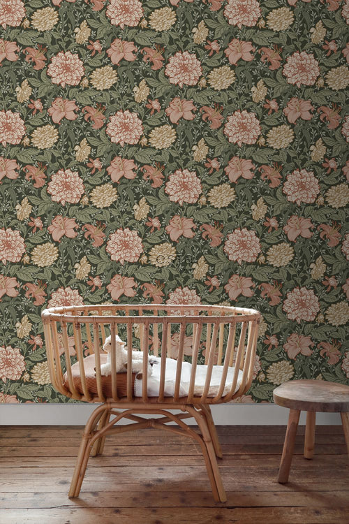 ESTAhome behang vintage bloemen vergrijsd groen en terracotta roze - 53 cm x 10.05 m - 139381