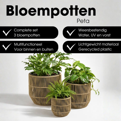 Mica Decorations Peta Bloempot voor Buiten – Set van 3 – Plantenpot voor Bloemen en Buitenplanten – Bloempotten voor Buiten – Groen