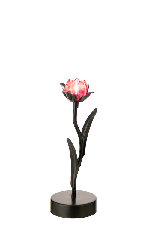 J-Line lamp Bloem - ijzer - zwart/roze - small - LED lichtjes