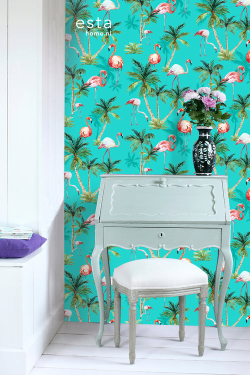 ESTAhome XXL behang flamingos turquoise, groen en roze - 50 x 900 cm - 158609