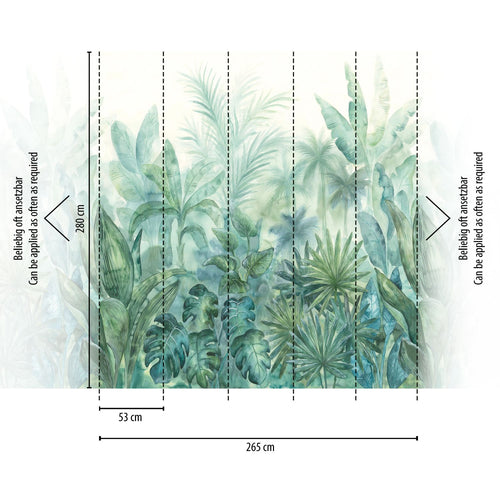 Livingwalls fotobehang tropische bladeren groen, blauw en crème - 265 x 280 cm - AS-392301