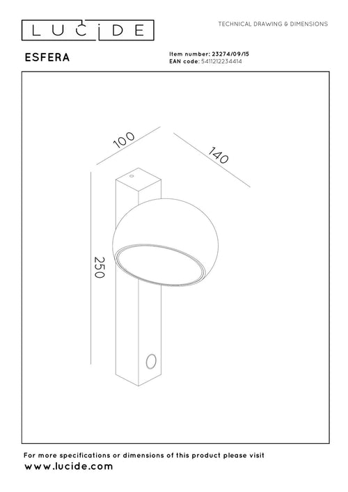 Lucide wandlamp ESFERA - Geïntegreerde LED - Grijs ijzer