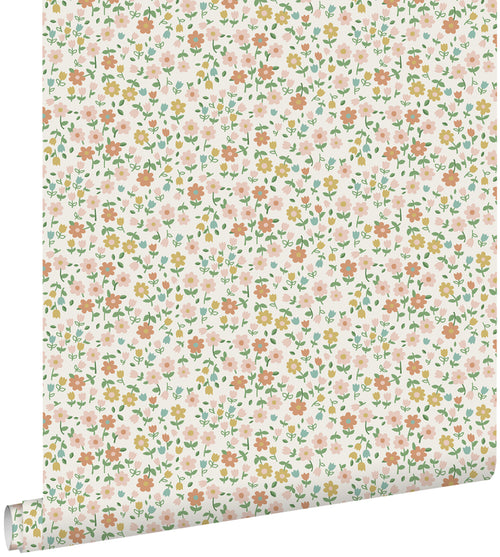 ESTAhome behang bloemetjes okergeel, zacht roze en terracotta - 53 cm x 10.05 m - 139467