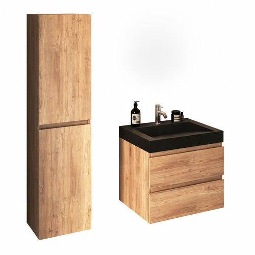 LOMAZOO badmeubelset Azuro - met kolomkast & zwarte wastafel - licht eiken - 60 cm