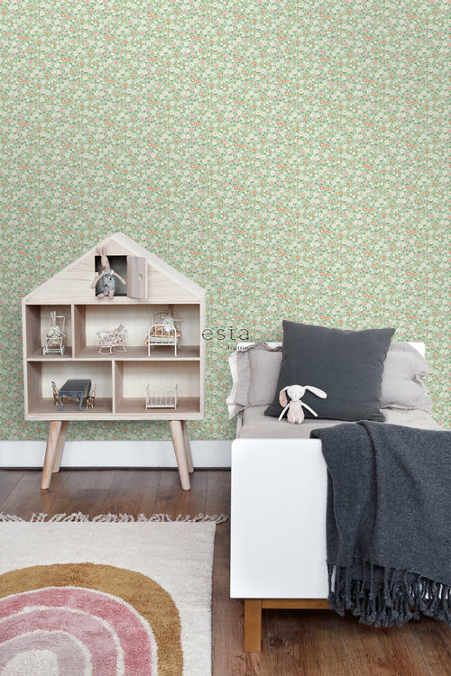 ESTAhome behang bloemetjes groen, terracotta roze en wit - 50 x 900 cm - 139470