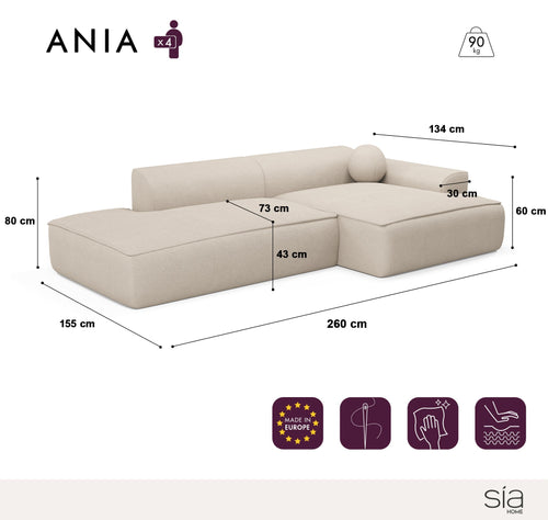 Sia Home - Rechthoekige hoekbank ANIA - corduroy mol 260cm