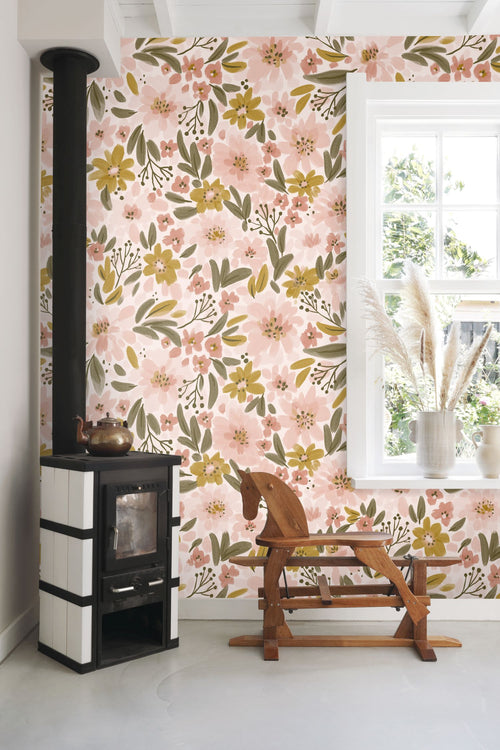 ESTAhome fotobehang bloemen licht roze, okergeel en vergrijsd groen - 2.5 x 2.79 m - 159630