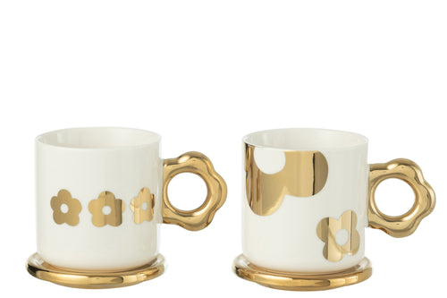 J-Line kop + schoteltje Bloem  - keramiek - wit/goud - 2 stuks - vtwonen shop