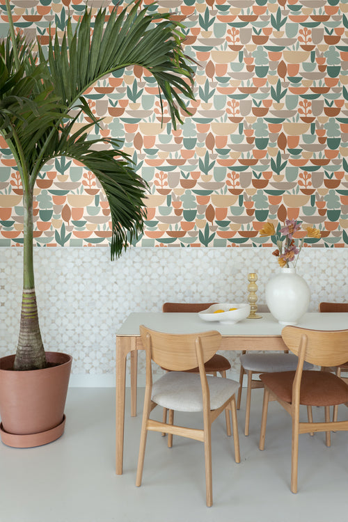 ESTAhome behang aardewerk en planten bruin en groen - 50 x 900 cm - 131077 - vtwonen shop