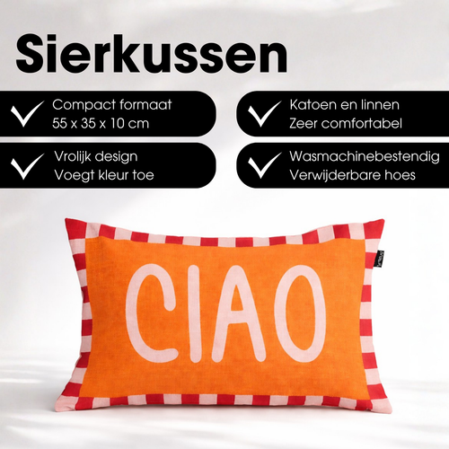 Mica Decorations Ciao Sierkussen - Kussen met Kussenhoes - Woondecoratie Woonkamer - 55 x 35 x 10 cm - Katoen, Linnen, Polyester - Oranje, Roze, Rood