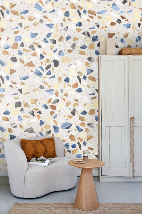 Sanders & Sanders fotobehang terrazzo blauw, beige en bruin - 375 x 270 cm - 600971 - vtwonen shop