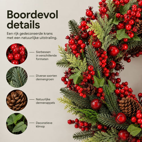 Mica Decorations Norah Kerstkrans met Dennenappels - Kerstversiering met Traditionele Look - Deurkrans voor in de Hal of bij de Voordeur - H13 x Ø50