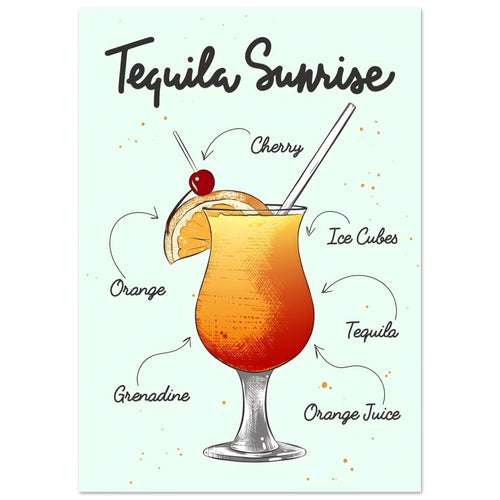 Artfulprints  Tequila Sunrise cocktail – Illustratie   poster A4 21x29.7 cm