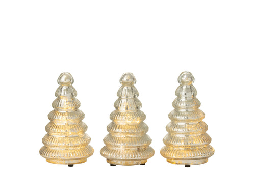 J-Line decoratie Boom Geribbeld - glas - zilver - doos van 3 - LED lichtjes