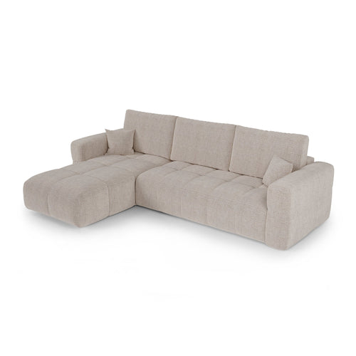 Premium Interiors - Linkshoekbank met slaapfunctie en opbergruimte VIBE - zacht aanvoelende geweven stof beige 286cm
