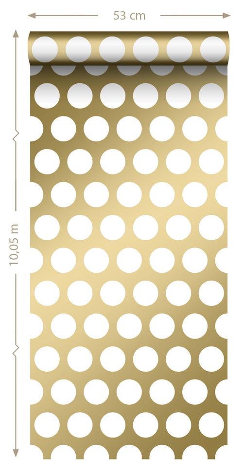 ESTAhome behang grote stippen glanzend goud en wit - 53 cm x 10.05 m - 139116