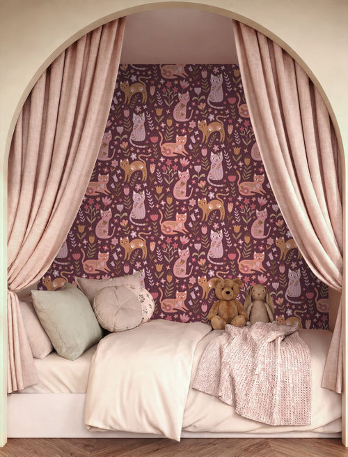 ESTAhome behang katjes aubergine paars en roze - 50 x 900 cm - 132183